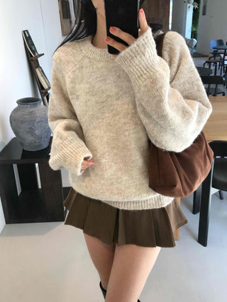 Soft Wool Blend Balloon Sleeve Round Neck Knit