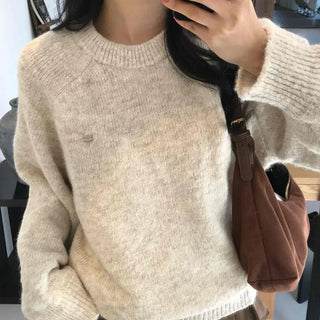 Soft Wool Blend Balloon Sleeve Round Neck Knit