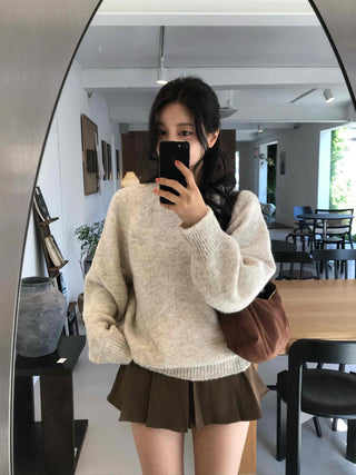 Soft Wool Blend Balloon Sleeve Round Neck Knit