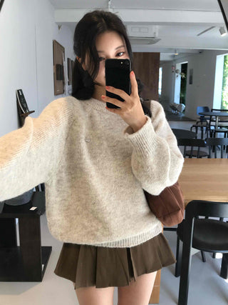Soft Wool Blend Balloon Sleeve Round Neck Knit