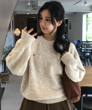 Soft Wool Blend Balloon Sleeve Round Neck Knit