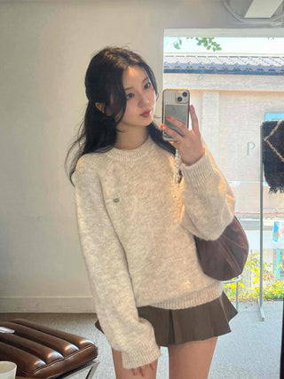 Soft Wool Blend Balloon Sleeve Round Neck Knit