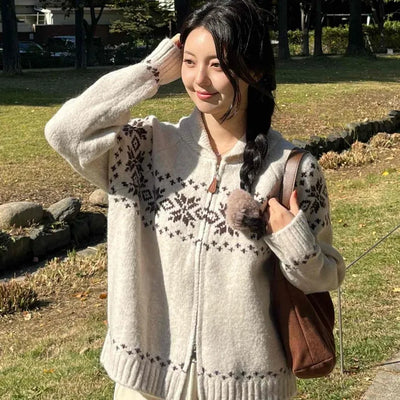 Floral Jacquard Collar Loose Fit Zip-Up Knit Cardigan