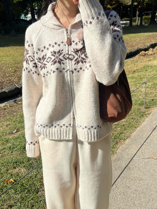 Floral Jacquard Collar Loose Fit Zip-Up Knit Cardigan