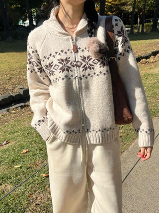 Floral Jacquard Collar Loose Fit Zip-Up Knit Cardigan