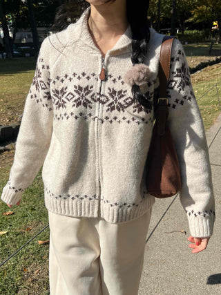 Floral Jacquard Collar Loose Fit Zip-Up Knit Cardigan