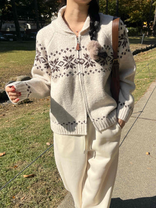 Floral Jacquard Collar Loose Fit Zip-Up Knit Cardigan