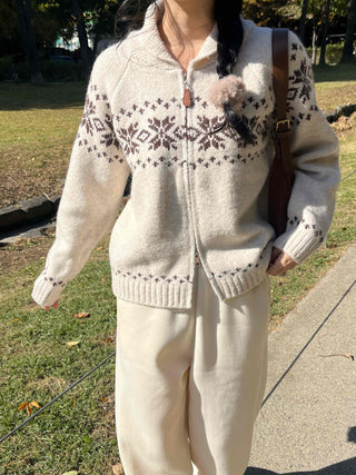 Floral Jacquard Collar Loose Fit Zip-Up Knit Cardigan