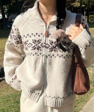 Floral Jacquard Collar Loose Fit Zip-Up Knit Cardigan