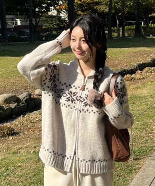 Floral Jacquard Collar Loose Fit Zip-Up Knit Cardigan
