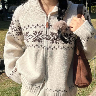 Floral Jacquard Collar Loose Fit Zip-Up Knit Cardigan