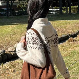Floral Jacquard Collar Loose Fit Zip-Up Knit Cardigan