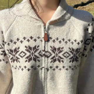 Floral Jacquard Collar Loose Fit Zip-Up Knit Cardigan