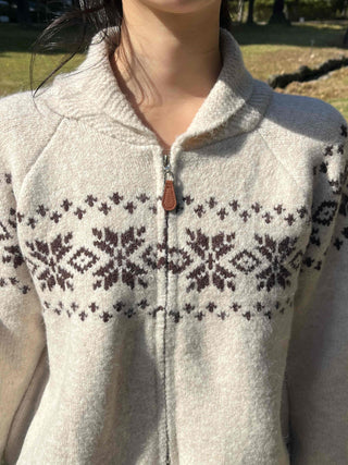 Floral Jacquard Collar Loose Fit Zip-Up Knit Cardigan