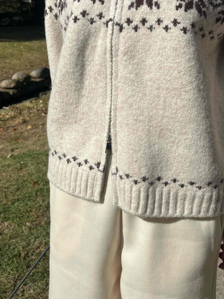 Floral Jacquard Collar Loose Fit Zip-Up Knit Cardigan