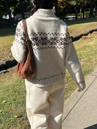 Floral Jacquard Collar Loose Fit Zip-Up Knit Cardigan