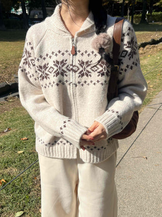 Floral Jacquard Collar Loose Fit Zip-Up Knit Cardigan