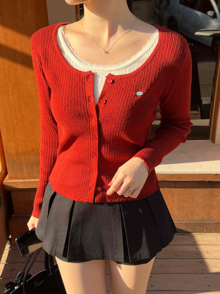 Sweet Color Block Round Neck Slim Fit Button Ribbed Knit Cardigan