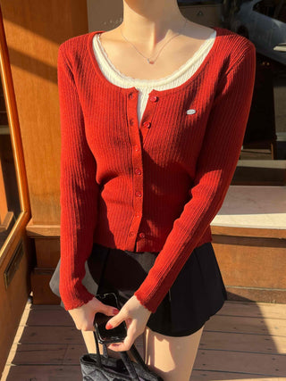 Sweet Color Block Round Neck Slim Fit Button Ribbed Knit Cardigan