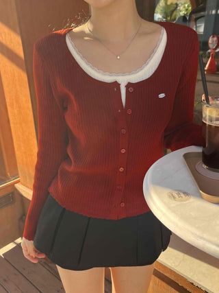 Sweet Color Block Round Neck Slim Fit Button Ribbed Knit Cardigan
