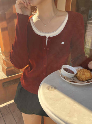 Sweet Color Block Round Neck Slim Fit Button Ribbed Knit Cardigan