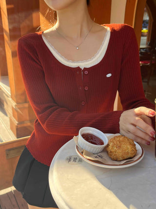 Sweet Color Block Round Neck Slim Fit Button Ribbed Knit Cardigan