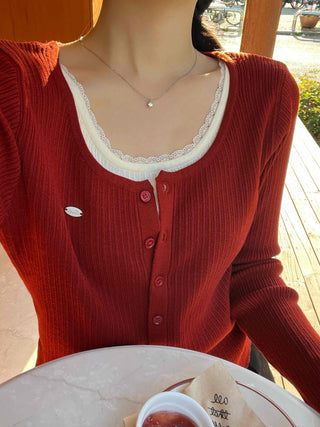 Sweet Color Block Round Neck Slim Fit Button Ribbed Knit Cardigan
