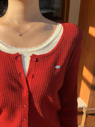 Sweet Color Block Round Neck Slim Fit Button Ribbed Knit Cardigan