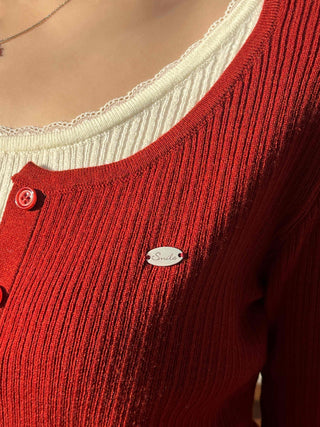 Sweet Color Block Round Neck Slim Fit Button Ribbed Knit Cardigan