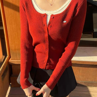Sweet Color Block Round Neck Slim Fit Button Ribbed Knit Cardigan