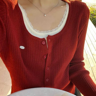 Sweet Color Block Round Neck Slim Fit Button Ribbed Knit Cardigan