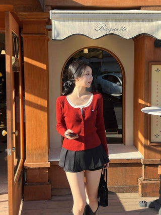 Sweet Color Block Round Neck Slim Fit Button Ribbed Knit Cardigan