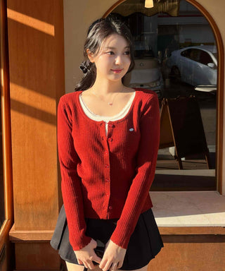 Sweet Color Block Round Neck Slim Fit Button Ribbed Knit Cardigan