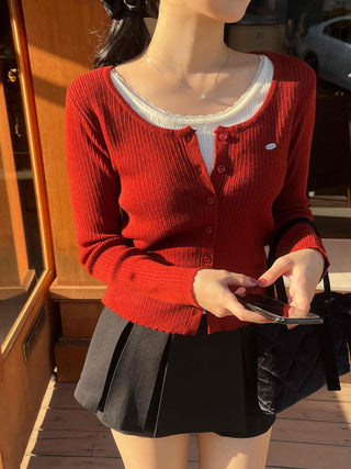 Sweet Color Block Round Neck Slim Fit Button Ribbed Knit Cardigan