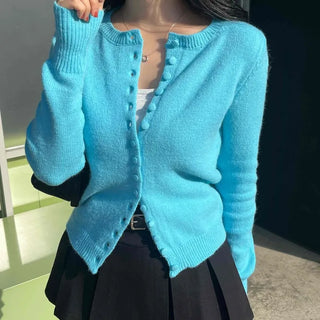 Fuzzy Angora Flower Button Crop Knit Cardigan