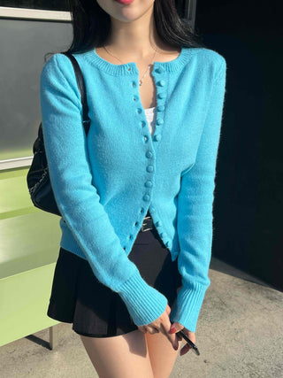 Fuzzy Angora Flower Button Crop Knit Cardigan