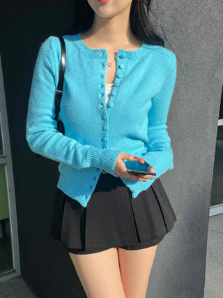 Fuzzy Angora Flower Button Crop Knit Cardigan