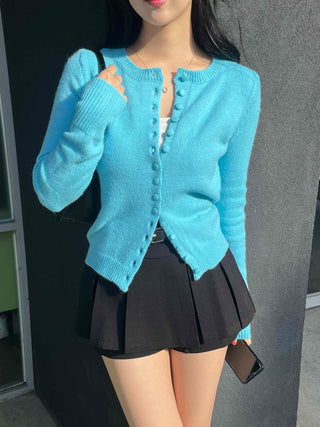 Fuzzy Angora Flower Button Crop Knit Cardigan