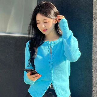 Fuzzy Angora Flower Button Crop Knit Cardigan