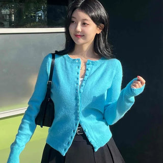 Fuzzy Angora Flower Button Crop Knit Cardigan