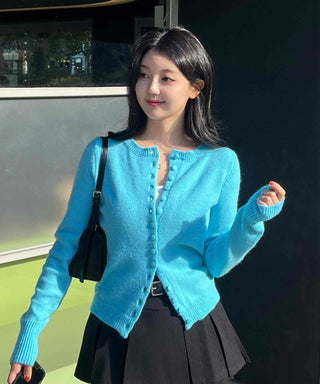 Fuzzy Angora Flower Button Crop Knit Cardigan