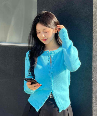 Fuzzy Angora Flower Button Crop Knit Cardigan