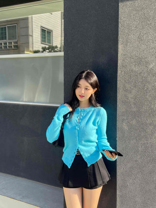 Fuzzy Angora Flower Button Crop Knit Cardigan