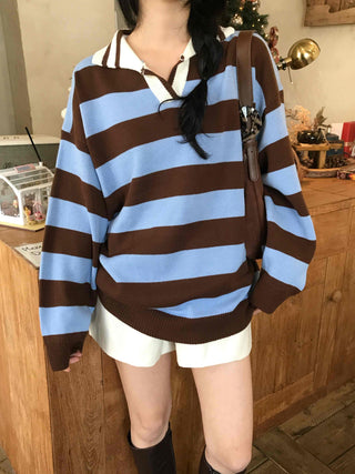 Retro Striped Collared Oversized Knit