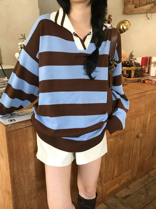 Retro Striped Collared Oversized Knit