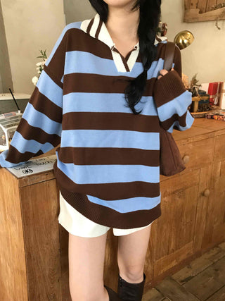 Retro Striped Collared Oversized Knit