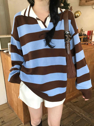 Retro Striped Collared Oversized Knit