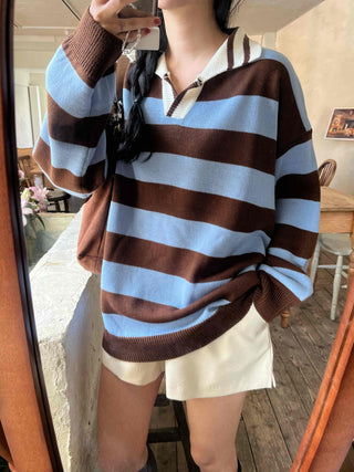 Retro Striped Collared Oversized Knit