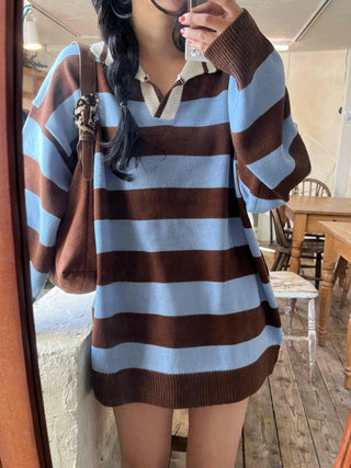 Retro Striped Collared Oversized Knit