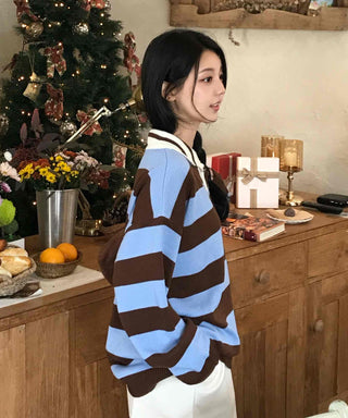 Retro Striped Collared Oversized Knit